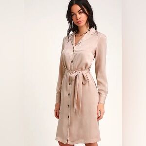 The Lulus Elise Satin Long Sleeve Midi Shirt Dress | Blush | Medium | NWT